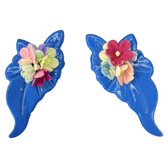 Blue Flower Bouquet Statement Earrings 2.5" Floral Spray Spring Summer - Picture 1 of 7